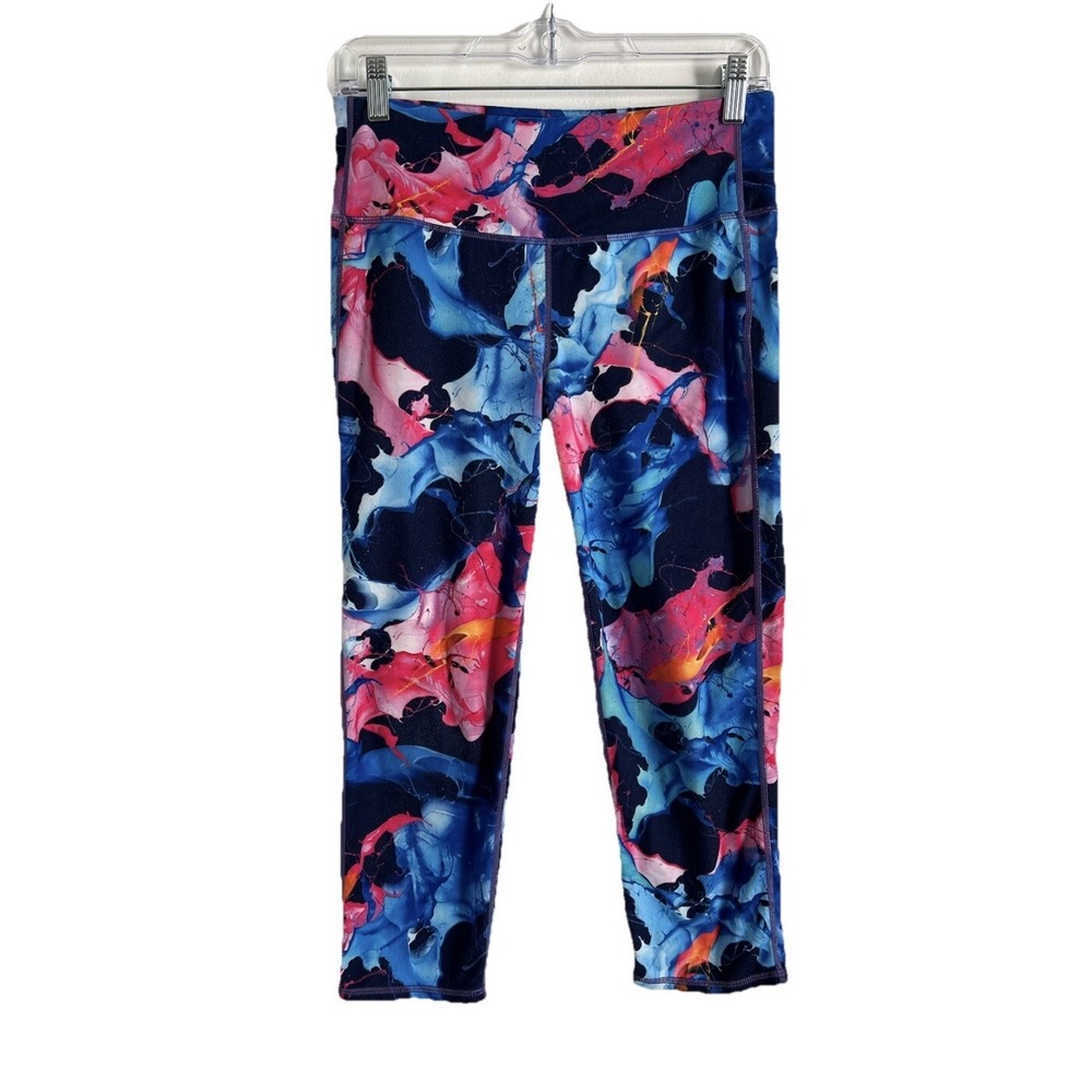 Athleta Splatter Splash Paint Cropped Leggings Womens Size Medium M Pink Blue